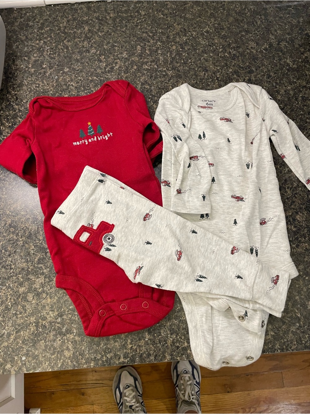 Carter's Red & Heather Gray Holiday One-Piece Set - Truck & Tree Print